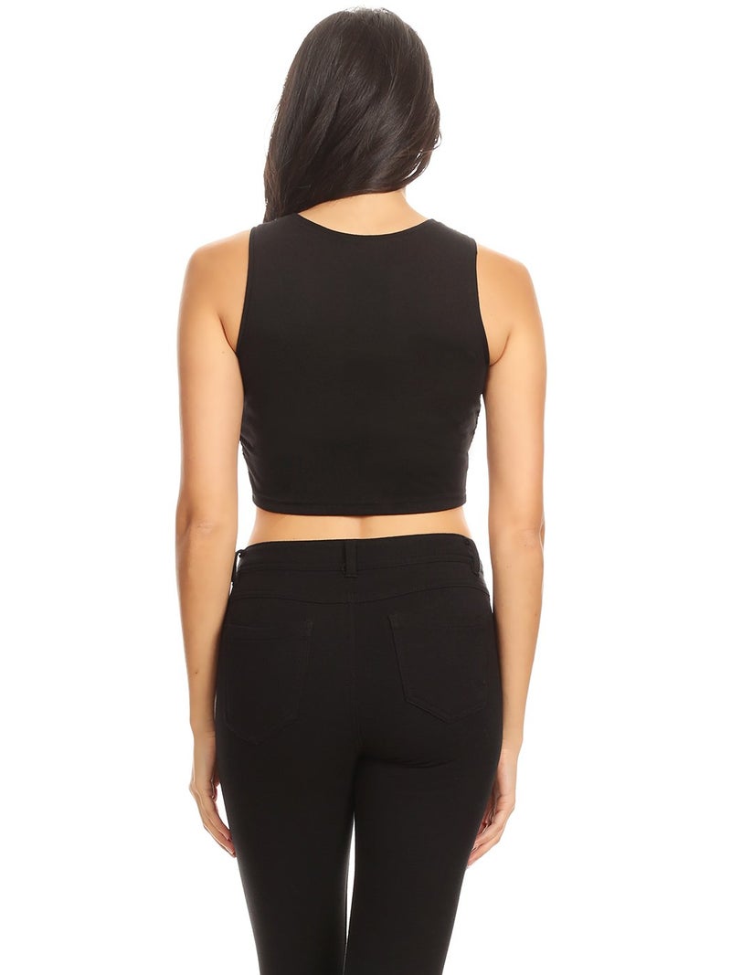 Anna-Kaci Womens Sleeveless Sequin V Neck Cropped Tank Top Clubwear Night Out, Black, Small - Image 2